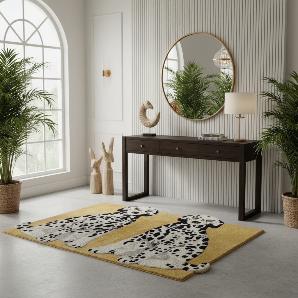 A rectangular area rug with a Dalmatian print and a wide mustard-yellow center band, styled in a bright, modern room with a console table, mirror, and potted plants.