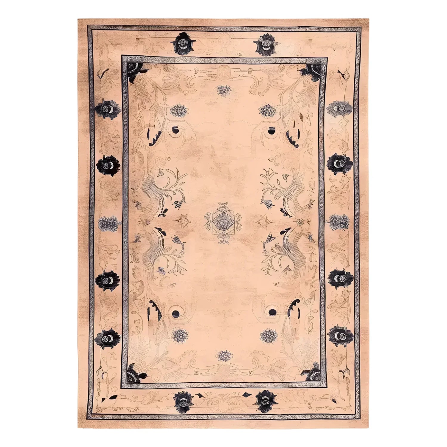 A beautifully detailed Palace Garden Hand Knotted Area Rug featuring an intricate floral design, perfect for adding elegance to any living room. This wool rug showcases a sophisticated blend of colors and patterns, making it an ideal choice for large living room spaces.