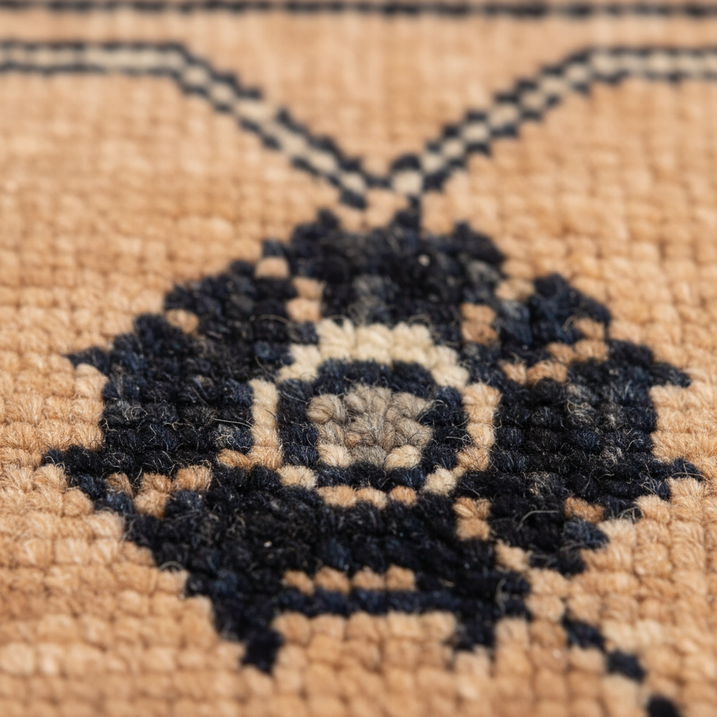Close-up of a woven rug or textile with a tan base and a dark navy geometric floral motif in the center.