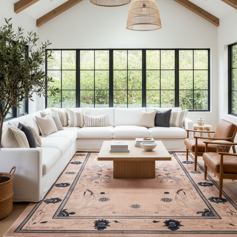 A styled living room featuring a large white sectional sofa with neutral and striped pillows, a light wood coffee table, two brown leather armchairs, and a dusty pink patterned area rug. The room has high ceilings with exposed wood beams, large black-framed windows looking out to greenery, and a tall potted plant on the left.