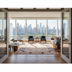 A large rectangular area rug with a traditional oriental pattern in beige, brown, and blue, styled in a modern living room with a city skyline view through large windows.