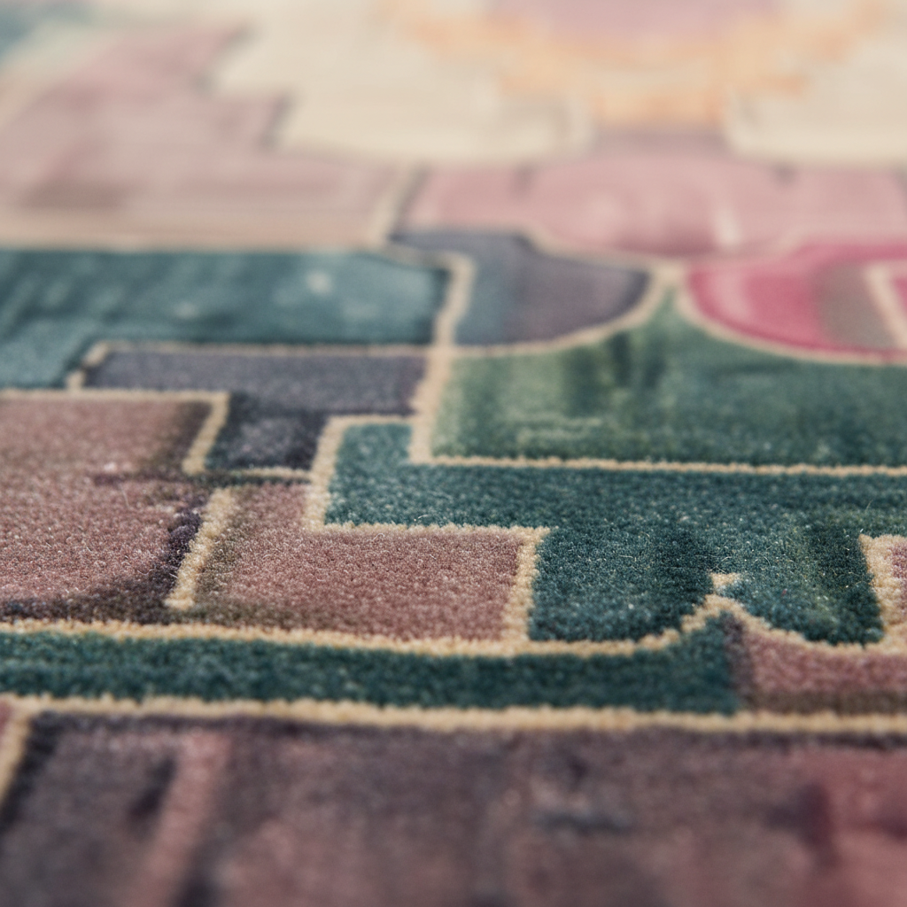 Close-up of a textured area rug with a multicolor geometric pattern featuring shades of teal, dusty pink, mauve, and cream.
