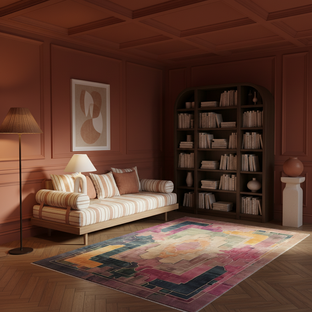 A styled living room with a striped upholstered daybed, floor lamp, built-in bookshelves, and a large multicolor geometric area rug on a wood floor.