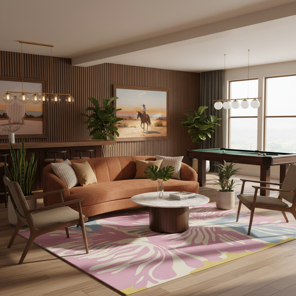 A modern living room interior with a curved rust-brown sofa, matching accent chairs, a round coffee table, a pink patterned area rug, and a dark wood pool table near large windows. The room has warm wood slat walls, hanging pendant lights, and framed desert landscape artwork.