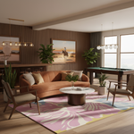 A modern living room interior with a curved rust-brown sofa, matching accent chairs, a round coffee table, a pink patterned area rug, and a dark wood pool table near large windows. The room has warm wood slat walls, hanging pendant lights, and framed desert landscape artwork.