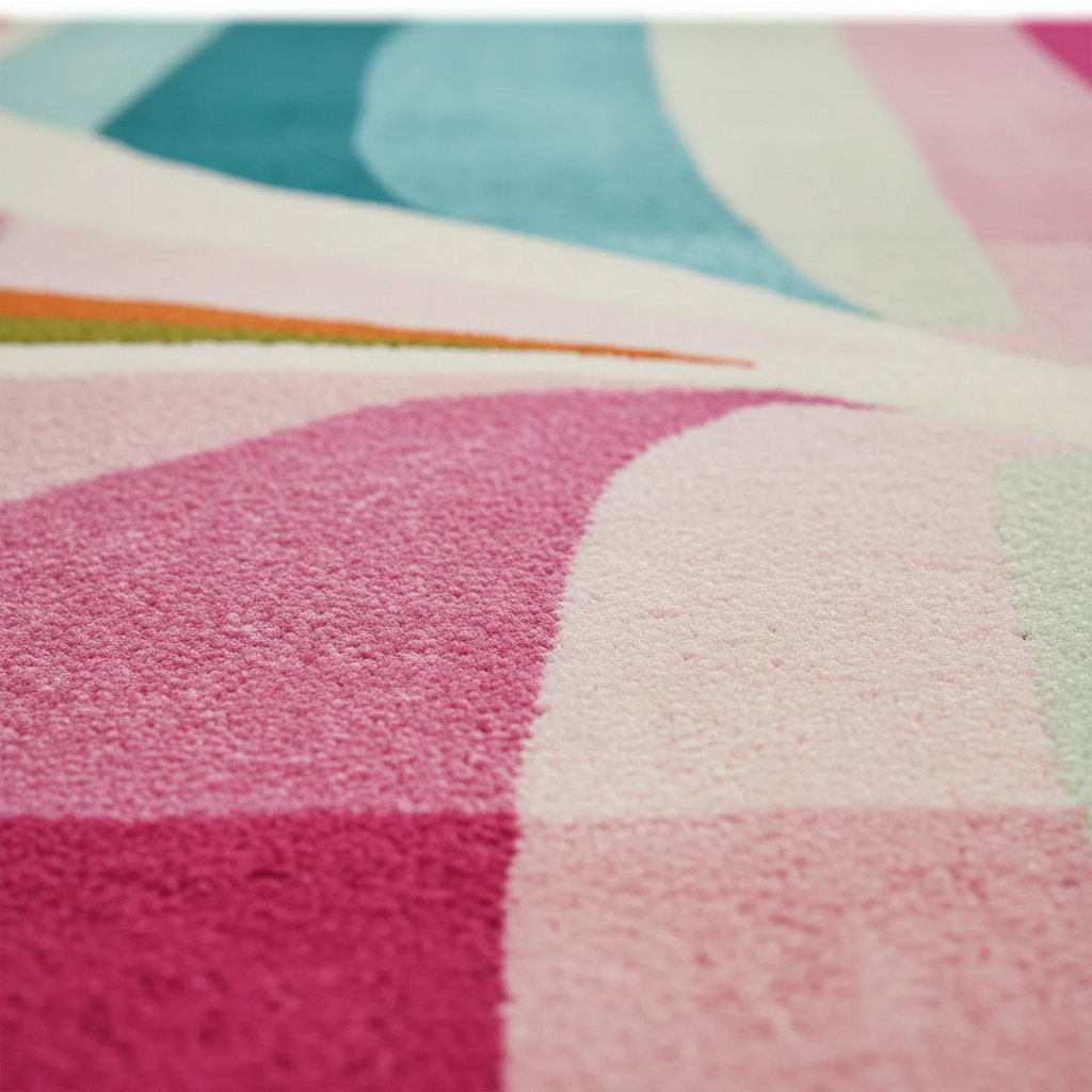 Close-up of a plush area rug with a colorful abstract geometric pattern in shades of pink, magenta, cream, teal, and light green.