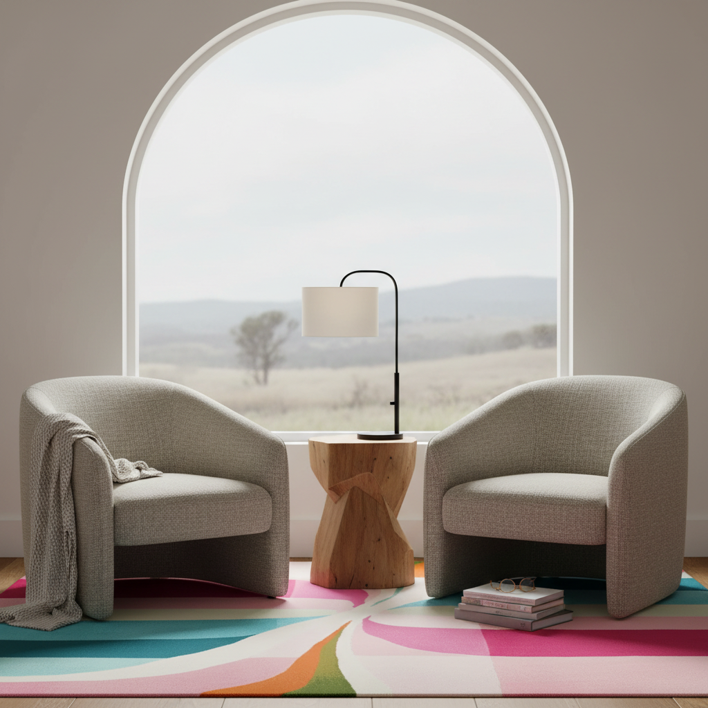 Two modern light gray upholstered armchairs in a bright room, arranged on a colorful abstract rug around a small wooden side table with a black floor lamp. A large arched window behind them shows an outdoor landscape view.