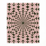Pastel Olive Green Illusion wool rug swatch, olive diamonds forming a radiating optical illusion on pink