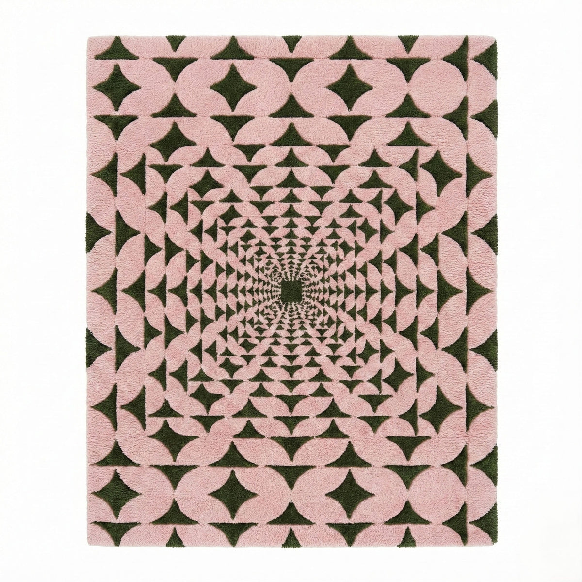 Pastel Olive Green Illusion wool rug swatch, olive diamonds forming a radiating optical illusion on pink