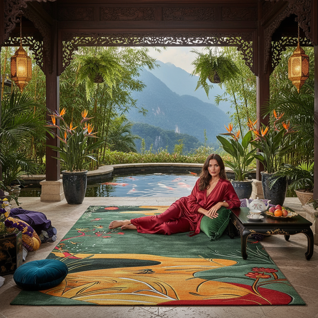 Woman in a red dress sitting on a colorful rug in a scenic outdoor setting with mountains and pool.