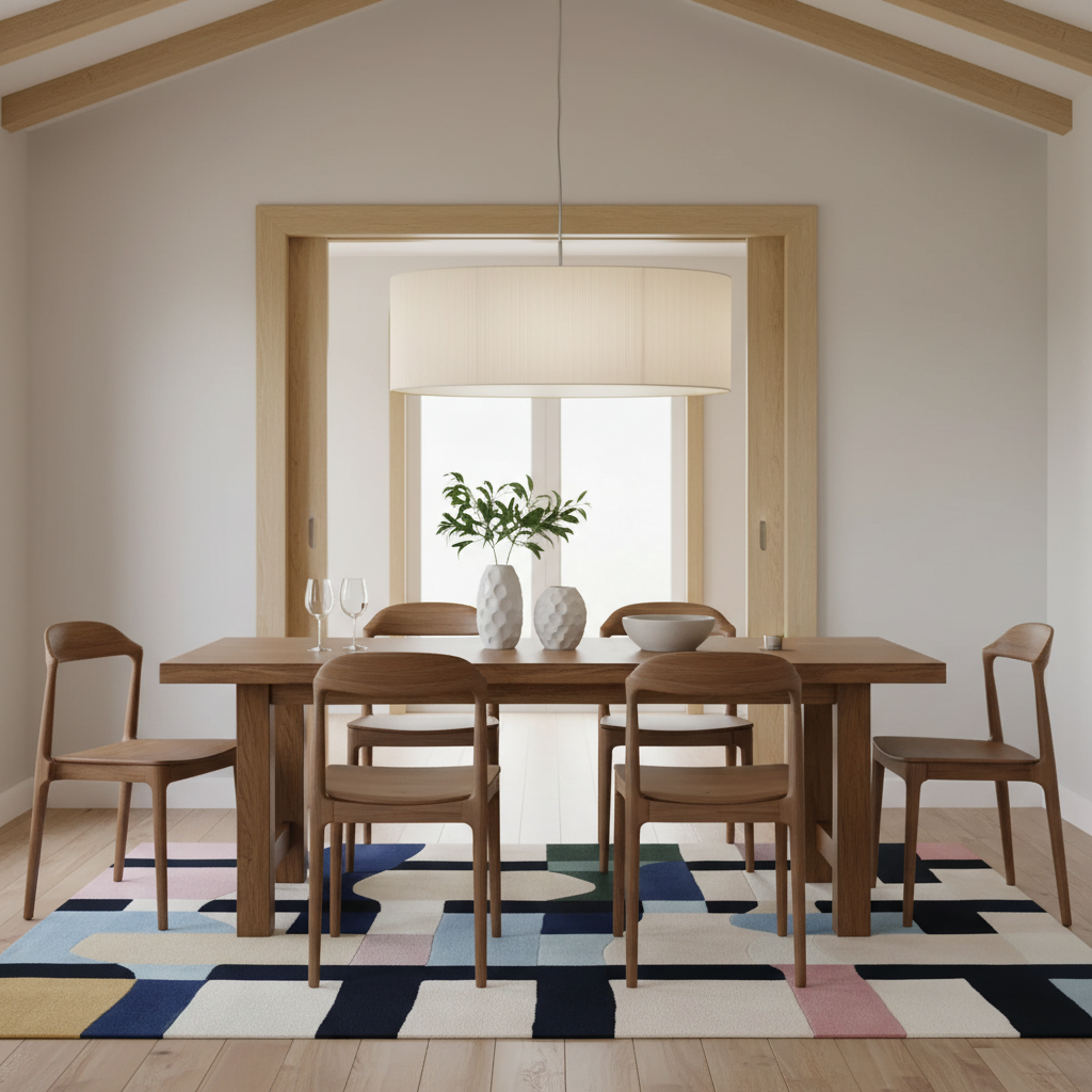 A mid-century modern dining room set featuring a rectangular wooden dining table and four matching wooden chairs, arranged on a colorful geometric patterned rug. The room has light wood walls and ceiling beams, a large cylindrical pendant light, and a window in the background.