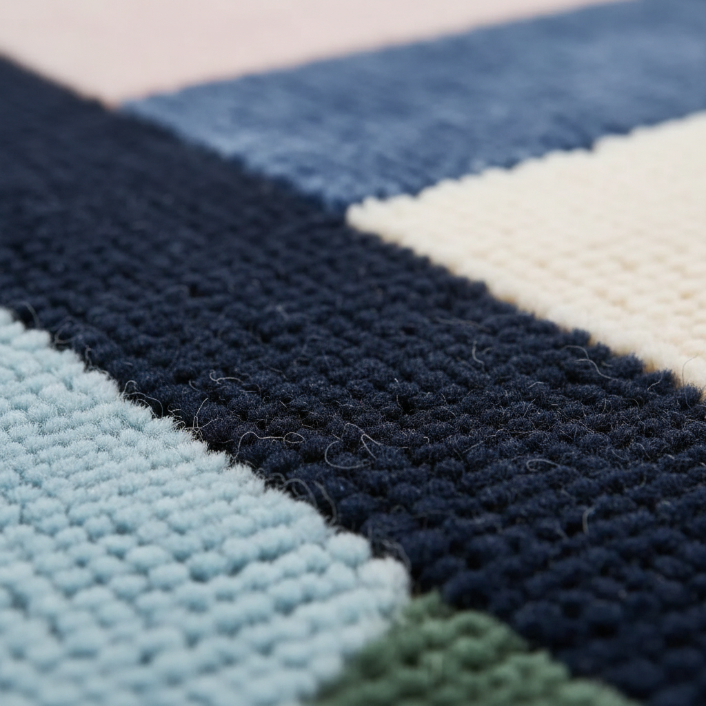 Close-up of a textured woven rug with geometric color-blocked stripes in navy, cream, light blue, dusty blue, and muted green.