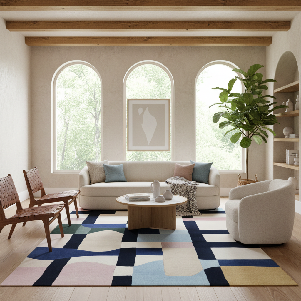 A styled living room interior featuring a large abstract geometric area rug in navy, cream, pink, and light blue on a light wood floor. The room includes a cream sofa, two wooden chairs, a round coffee table, a potted fiddle-leaf fig tree, and arched windows in the background.