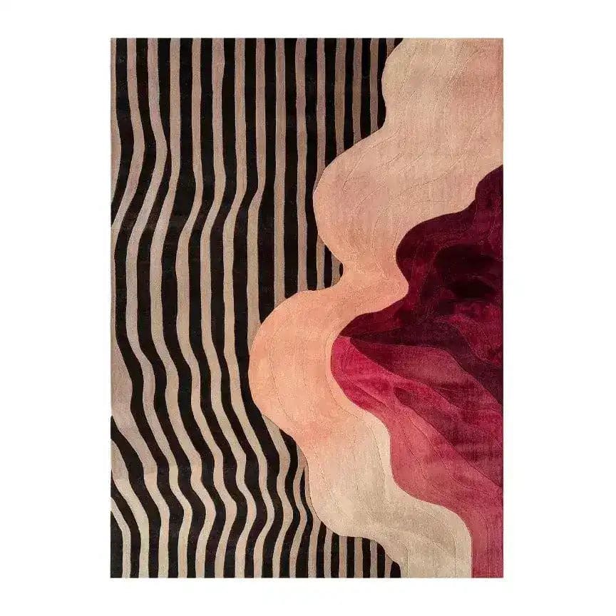 Pattern Play rug runner with black wavy stripes and a pink and maroon abstract cloud shape