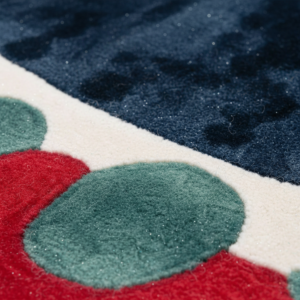 Close-up of a plush textured rug featuring a navy blue field, a white curved border, and large red and green circular motifs.