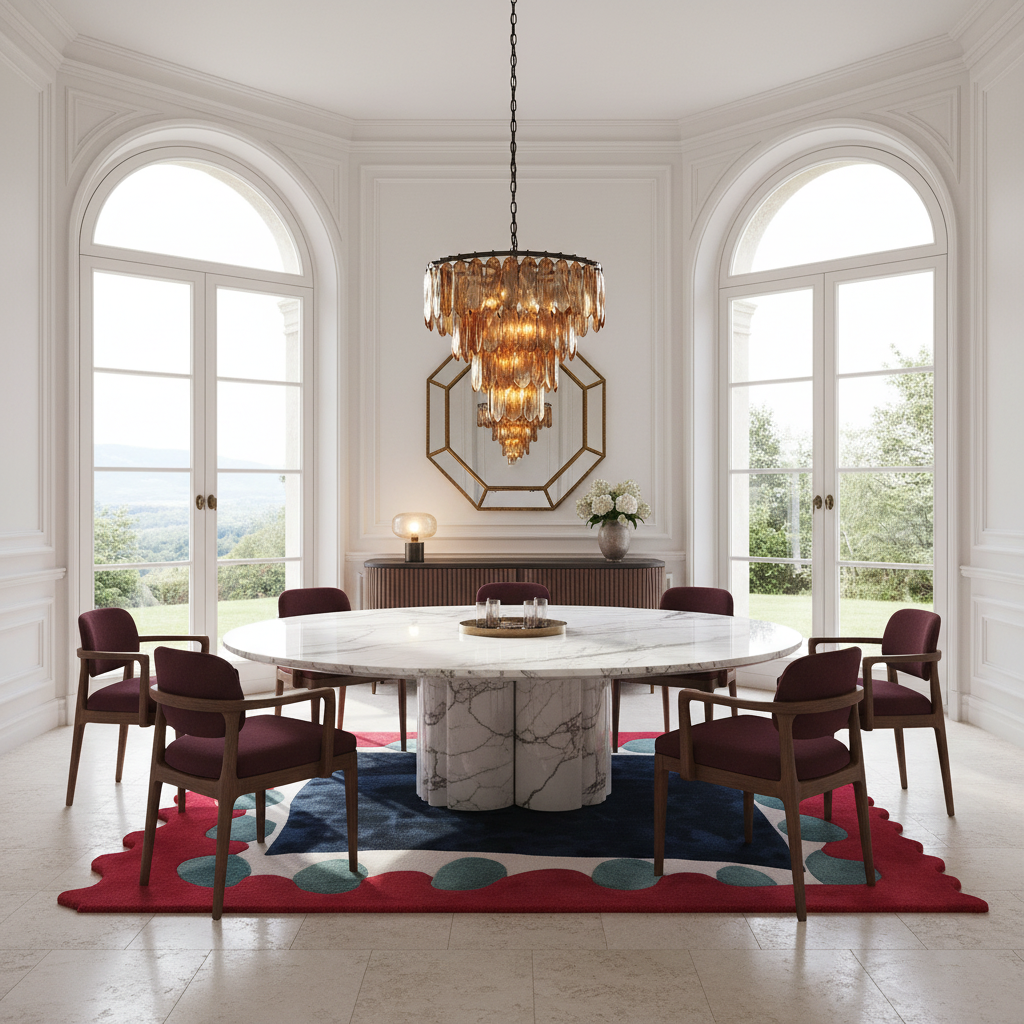 A luxury dining room featuring a round white marble dining table surrounded by six dark wood chairs with burgundy upholstery. The room is decorated with a large gold-framed octagonal mirror, a multi-tiered crystal chandelier, and a red and blue patterned rug on a light stone floor.