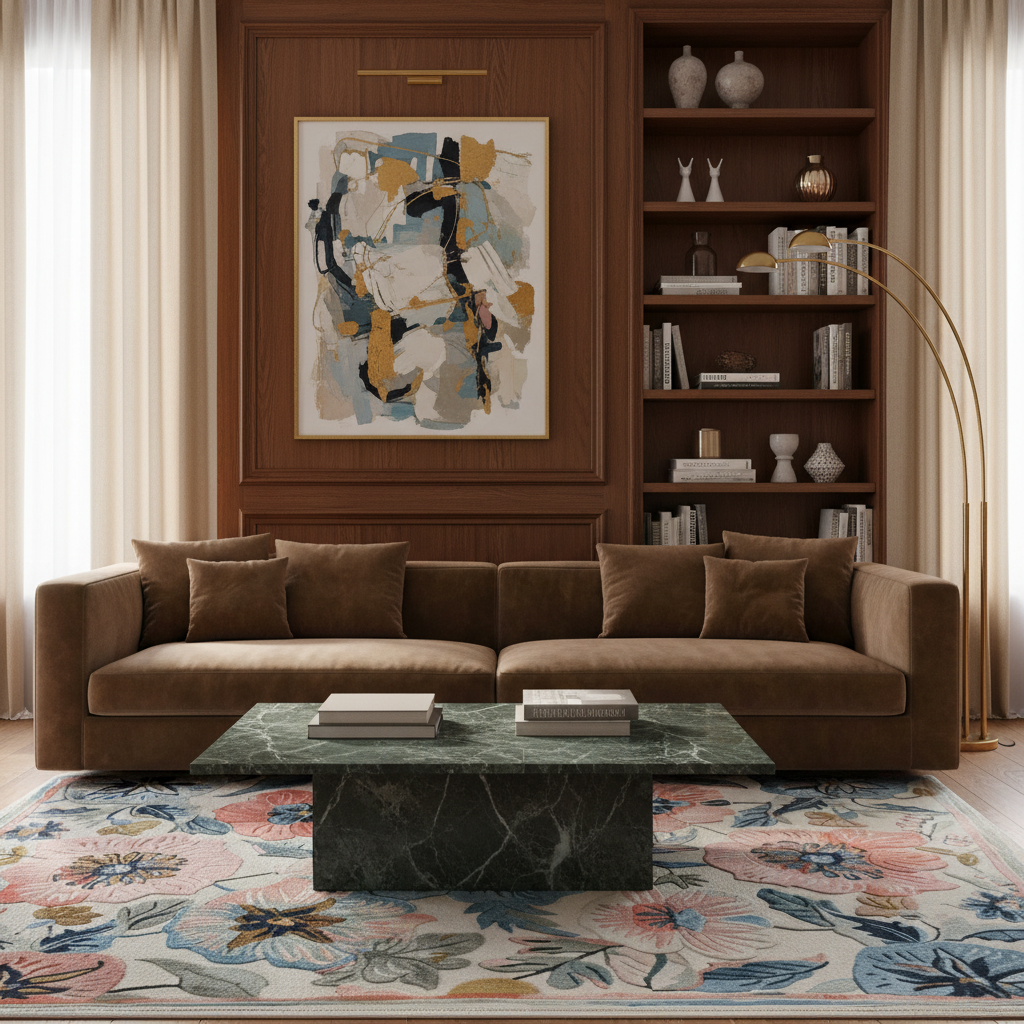 A styled living room featuring a brown fabric sofa, a dark green marble coffee table, a large floral area rug, and a tall wooden bookcase with wall art.
