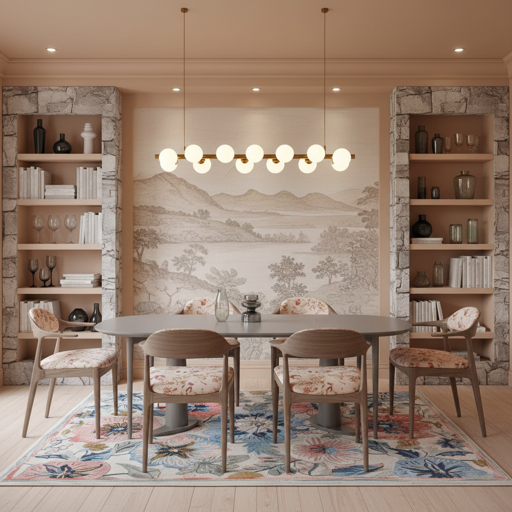A styled dining room interior featuring a dark oval dining table surrounded by four upholstered wooden chairs with floral-patterned seats, set on a colorful floral area rug. The background is dominated by a large beige landscape mural on the back wall, flanked by stone-and-wood built-in shelves filled with books and decorative vases. A modern multi-light linear chandelier hangs above the table.
