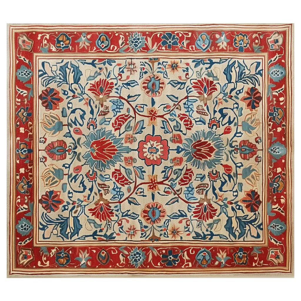 Decorative floral rug with red, blue, and beige colors on a white background