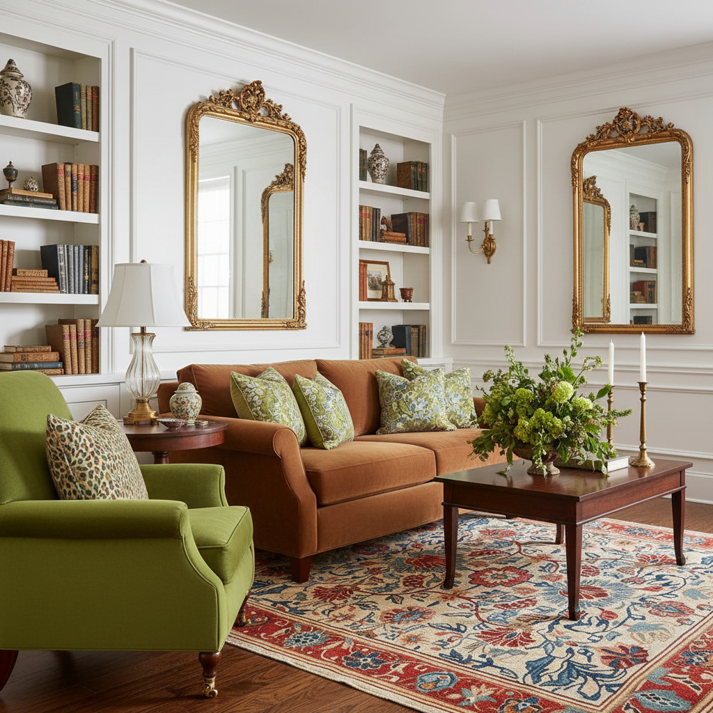 A styled living room interior featuring a rust-brown sofa with green patterned pillows, a lime green armchair, a dark wood coffee table with a floral arrangement, a red patterned rug, and two ornate gold-framed mirrors mounted on white paneled walls with built-in bookshelves.