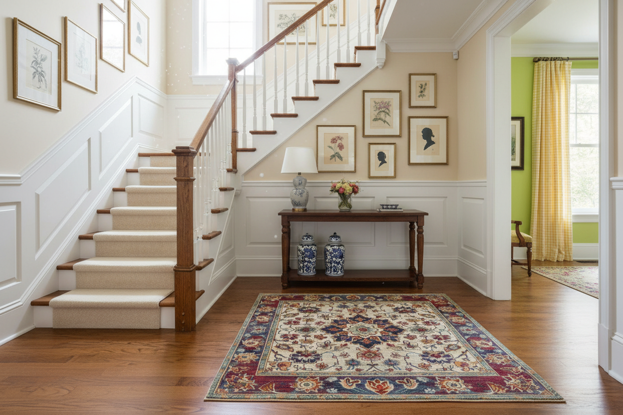 Staircase with wooden banister, floral rug, and decorative items in a home interior.