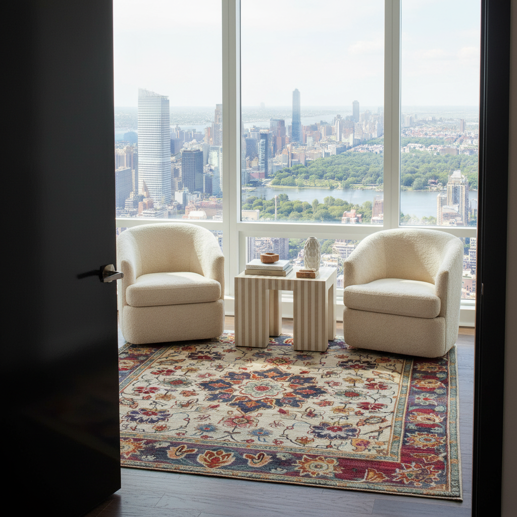 A styled interior view from a dark doorway into a modern living room with two cream boucle armchairs, a striped side table, and a multicolor patterned area rug, all overlooking a city skyline and river through large floor-to-ceiling windows.