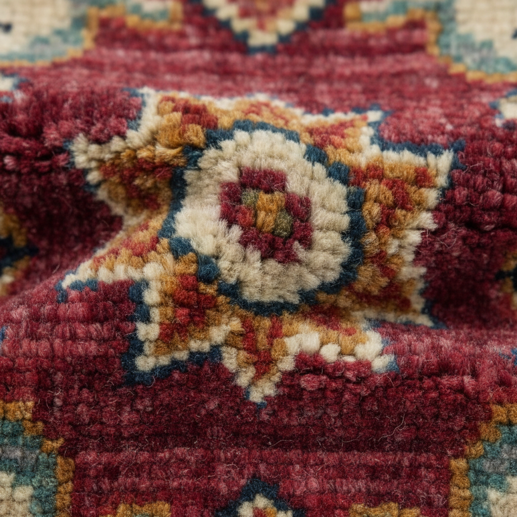 Close-up of a textured area rug with a traditional geometric pattern in deep red, cream, mustard yellow, and navy blue.
