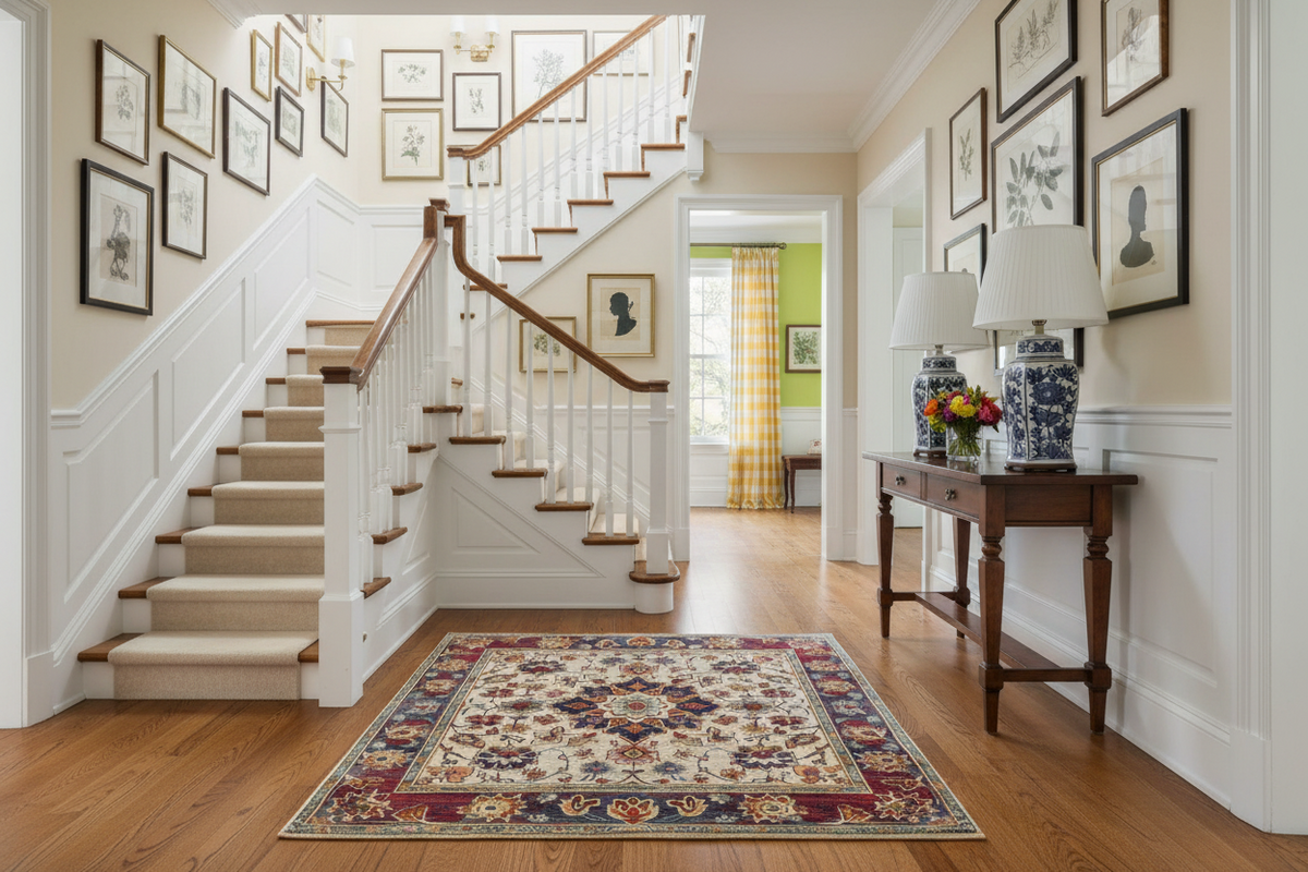 Staircase in a home with wooden floors, a rug, and framed pictures on the walls.