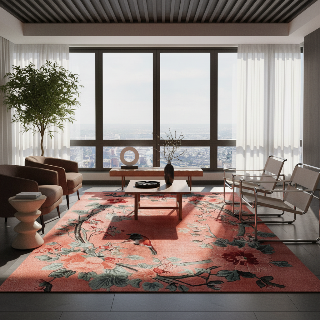 A large rectangular area rug with a pink, coral, and orange floral pattern and green leaves, styled in a modern living room with a city view through large windows.