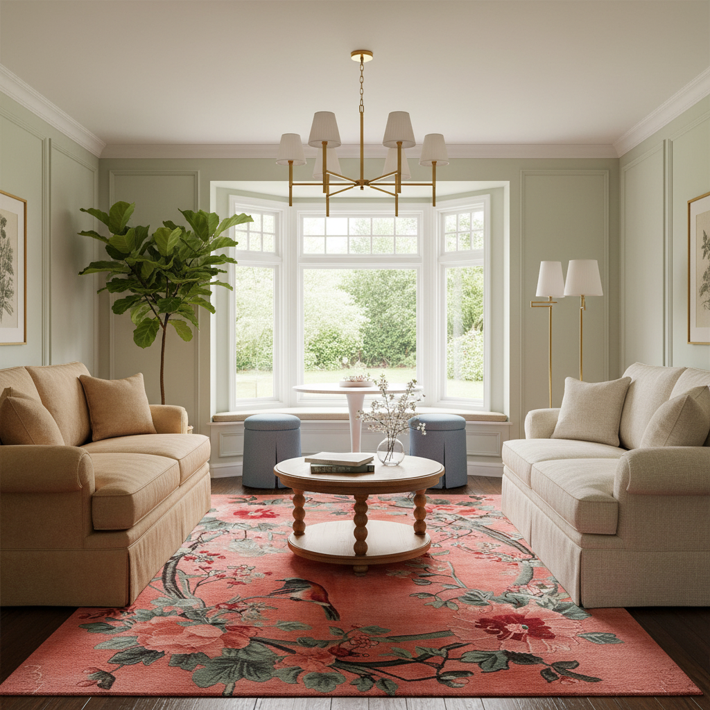 A beautifully styled living room featuring a large floral area rug in pink, red, and green tones, with two beige armchairs, a round wooden coffee table, and a modern brass chandelier.