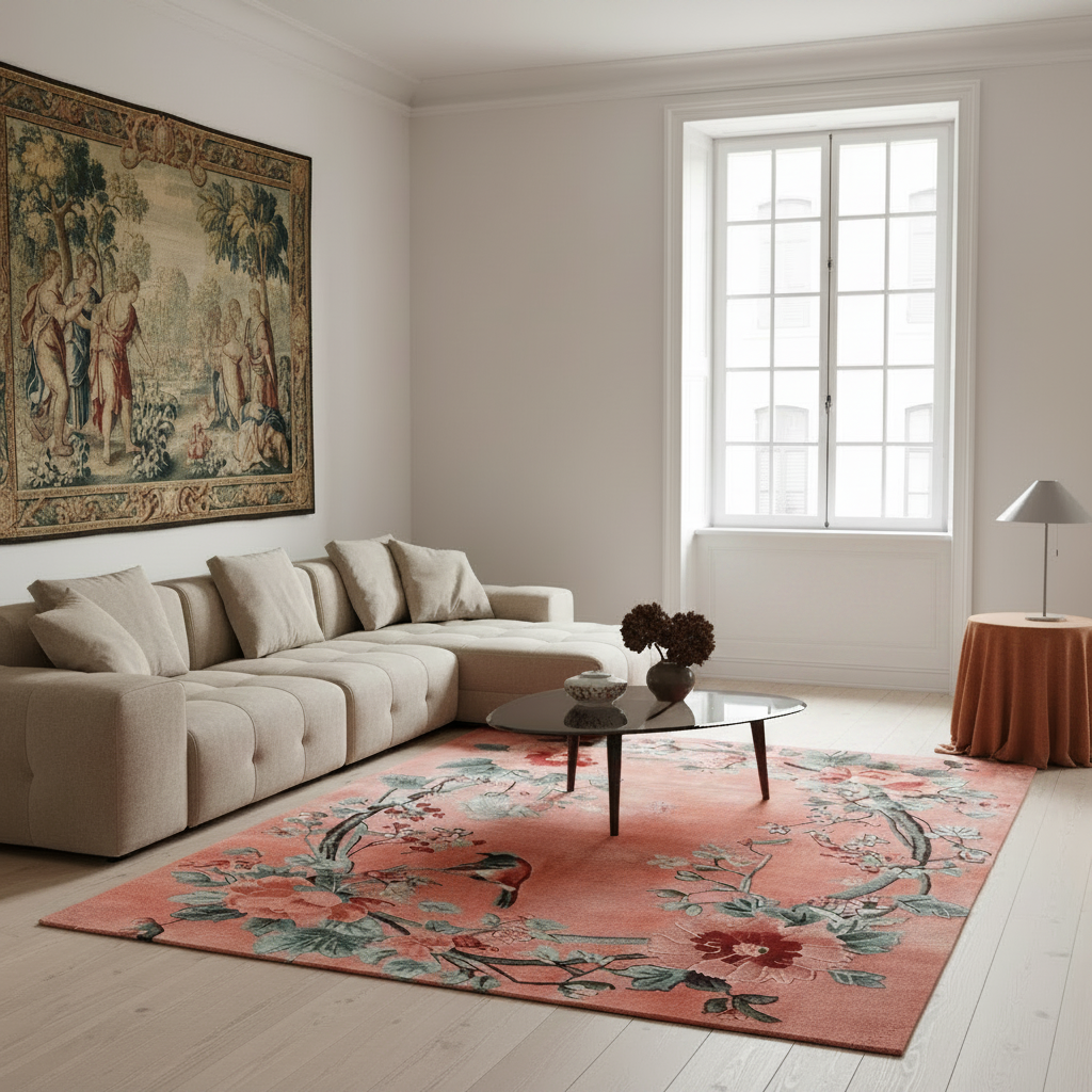 A large rectangular area rug with a coral pink background and a detailed floral and bird pattern in muted green, blue, and red, styled in a bright, modern living room with a beige sectional sofa and a dark wood coffee table.