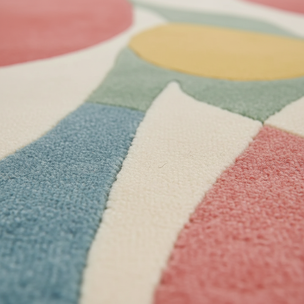 Close-up of a plush textured rug with a retro abstract pattern in pastel blue, cream, pink, yellow, and sage green.