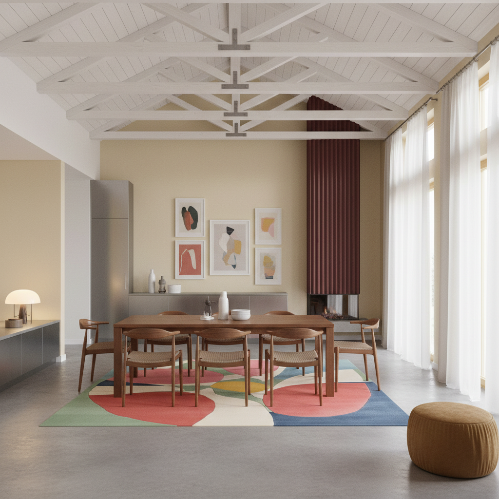 A modern dining room interior with a wooden dining table and six matching wooden chairs placed on a large abstract multicolor area rug. The room has cream walls, white ceiling beams, sheer white curtains, a dark burgundy pleated wall panel, framed abstract art, and a round tan pouf in the foreground.