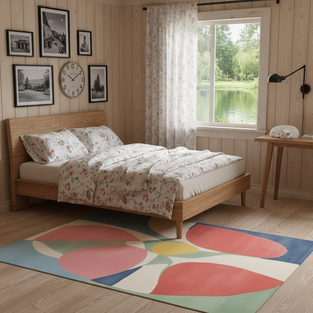 A styled bedroom interior with a wooden bed dressed in cream floral bedding, set in a wood-paneled room with framed wall art, a window overlooking a lake, and a colorful abstract area rug on the floor.