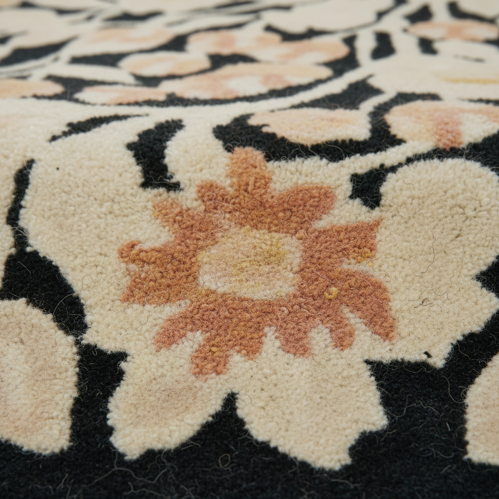 Close-up of a patterned rug with cream floral shapes, a muted peach flower, and a black background.