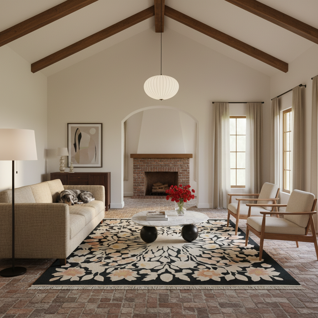 A styled living room interior with a beige sofa, two wooden armchairs, a white round coffee table, a large floral area rug, a brick fireplace, and a white pendant light in a bright, high-ceilinged room.
