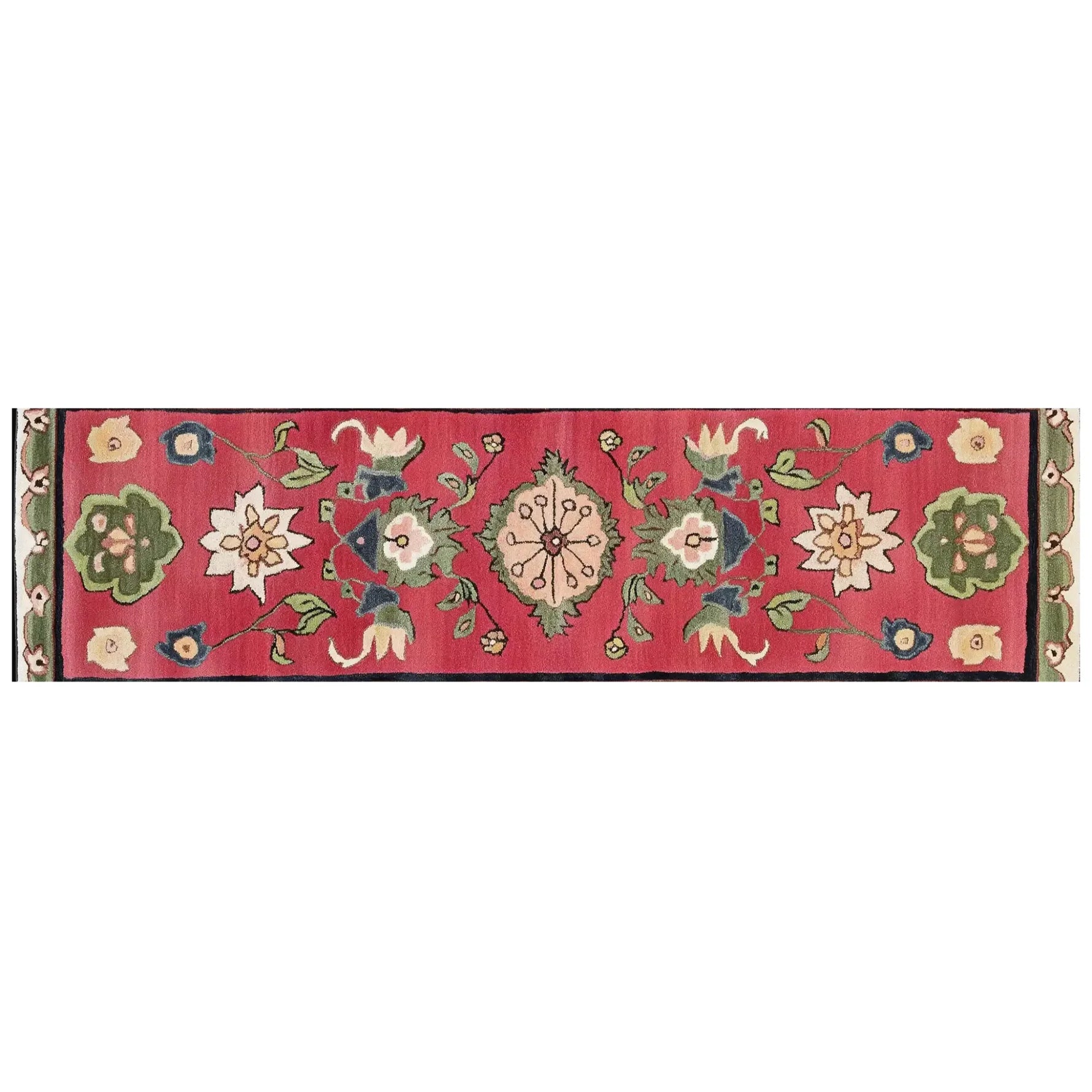 Vibrant Petal Harmony Hand Tufted Wool Rug featuring an intricate floral design on a rich red background, perfect as a runner rug for hallways, kitchens, or bathrooms.