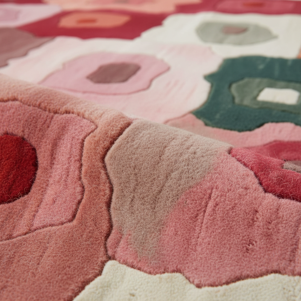 A close-up of a plush, textured area rug featuring a retro concentric circle pattern in shades of pink, dusty rose, cream, and sage green.