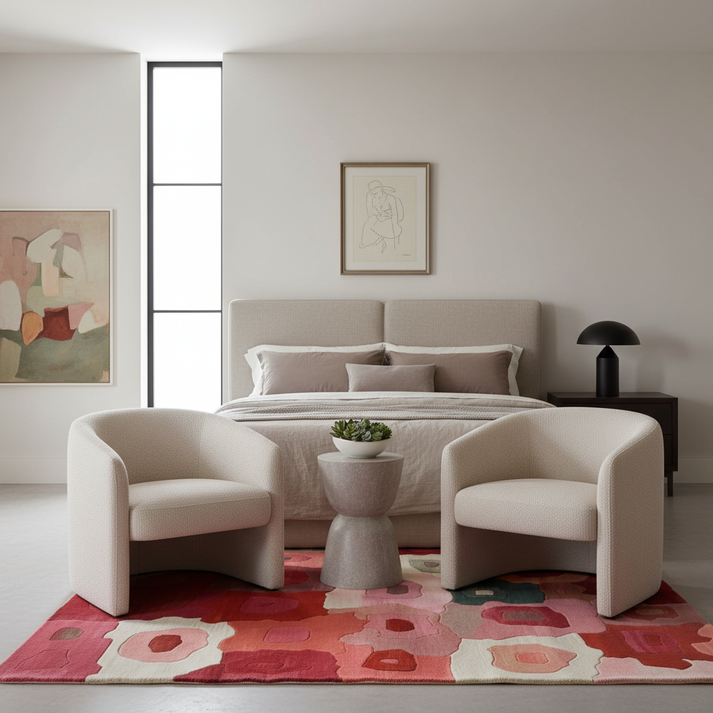 A modern bedroom scene featuring two cream upholstered armchairs facing a small sculptural side table, set on a bold abstract red, pink, and cream rug in front of a bed. The room has warm neutral walls, a large window, and minimalist wall art.