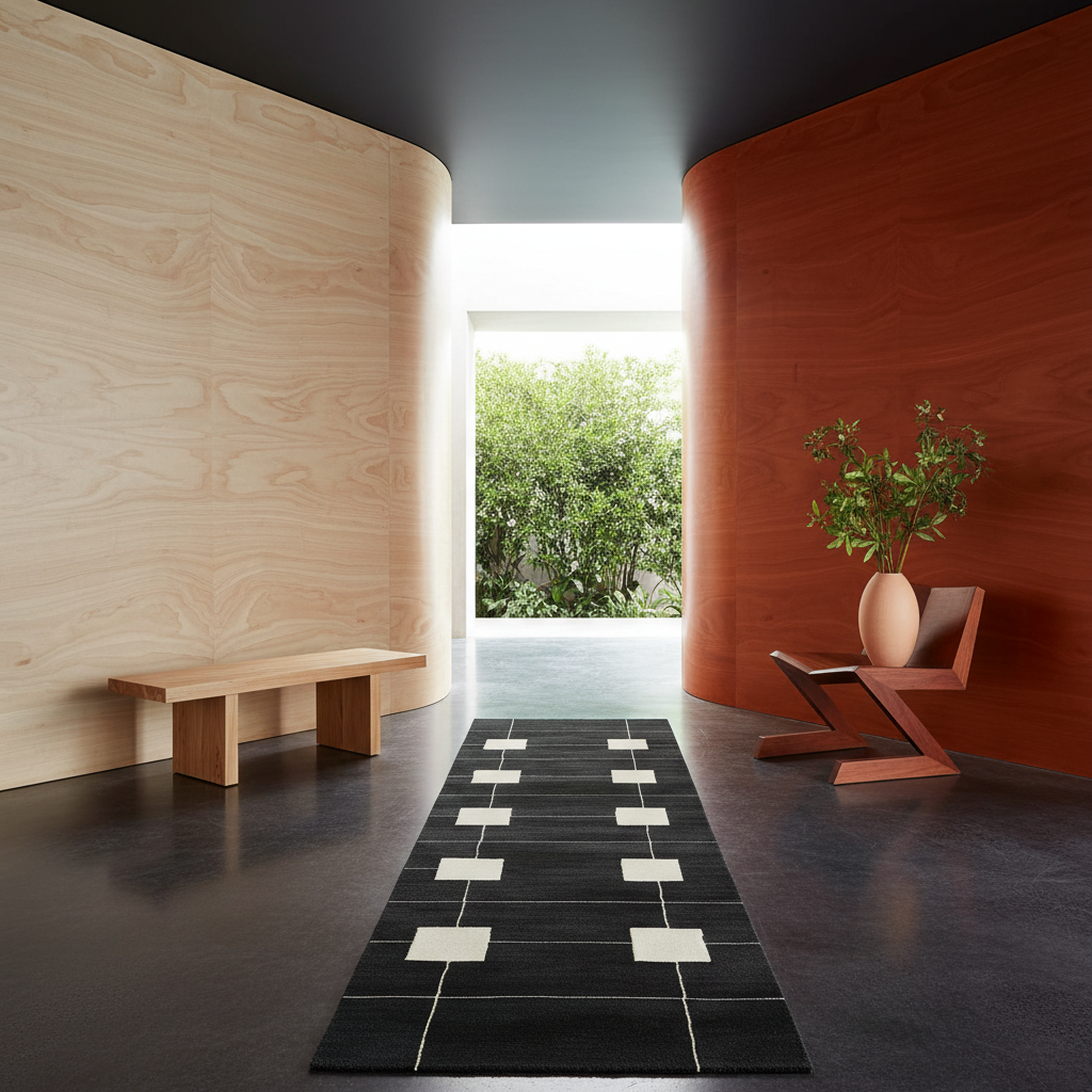 A modern interior scene with a long black runner rug featuring a geometric pattern of white and light beige rectangles, placed on a dark floor between two curved wooden walls.