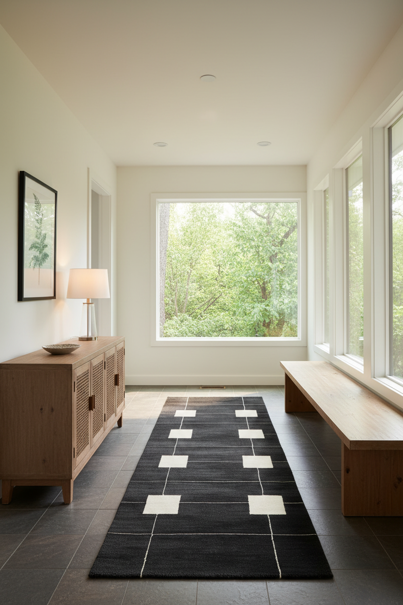 A modern interior hallway with a long black area rug featuring a white geometric grid pattern, styled with a light wood credenza, a window seat, and a large window looking out to green trees.