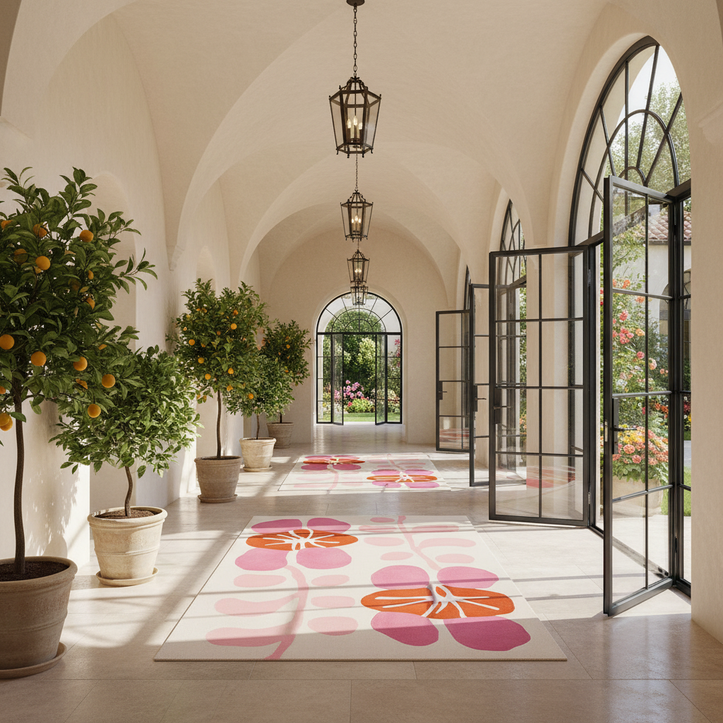 A long arched corridor with cream walls, hanging lantern lights, large black-framed glass doors, potted orange trees, and several rectangular area rugs featuring large pink and orange floral motifs on a light background.