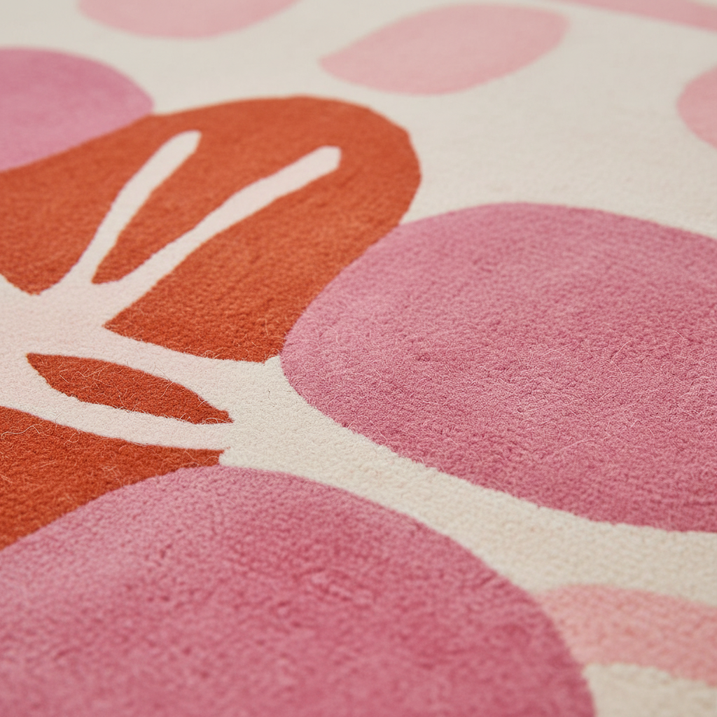 Close-up of a plush area rug with a retro floral pattern featuring large pink and orange shapes on a warm off-white background.