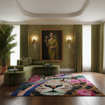 A luxury living room featuring a large, vibrant area rug with a detailed tiger and floral pattern. The room is styled with an olive green sectional sofa, matching curtains, a potted plant, and a classic painting on the wall.