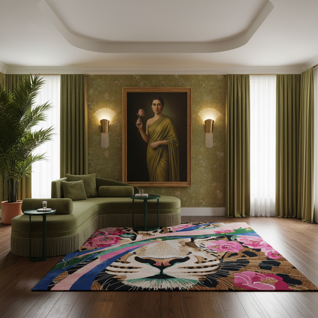 A luxury living room featuring a large, vibrant area rug with a detailed tiger and floral pattern. The room is styled with an olive green sectional sofa, matching curtains, a potted plant, and a classic painting on the wall.