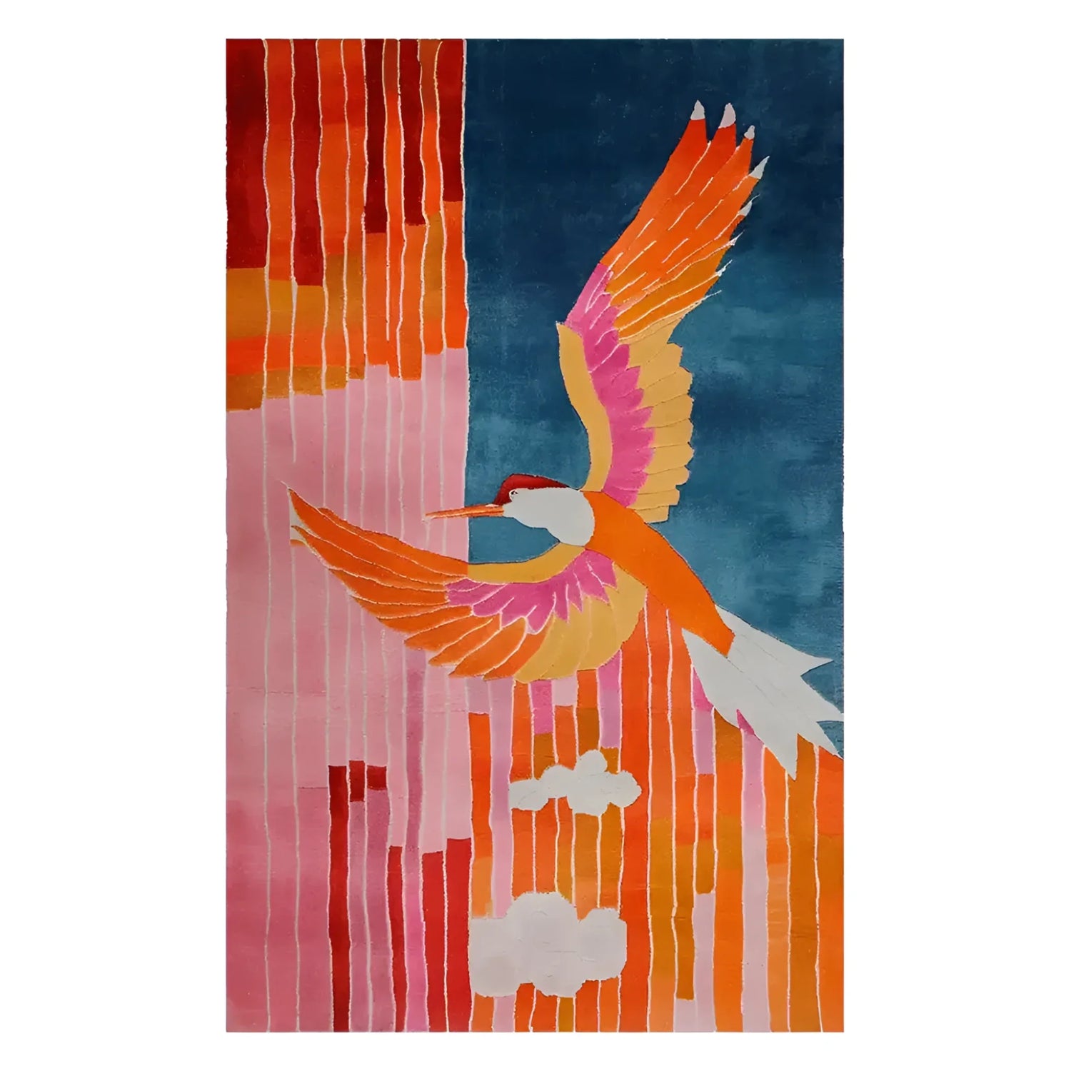 Vibrant Phoenix Flight Hand Tufted Wool Rug featuring an abstract design of a colorful bird in flight, ideal as an area rug for living room spaces, showcasing rich hues of orange, pink, and blue.