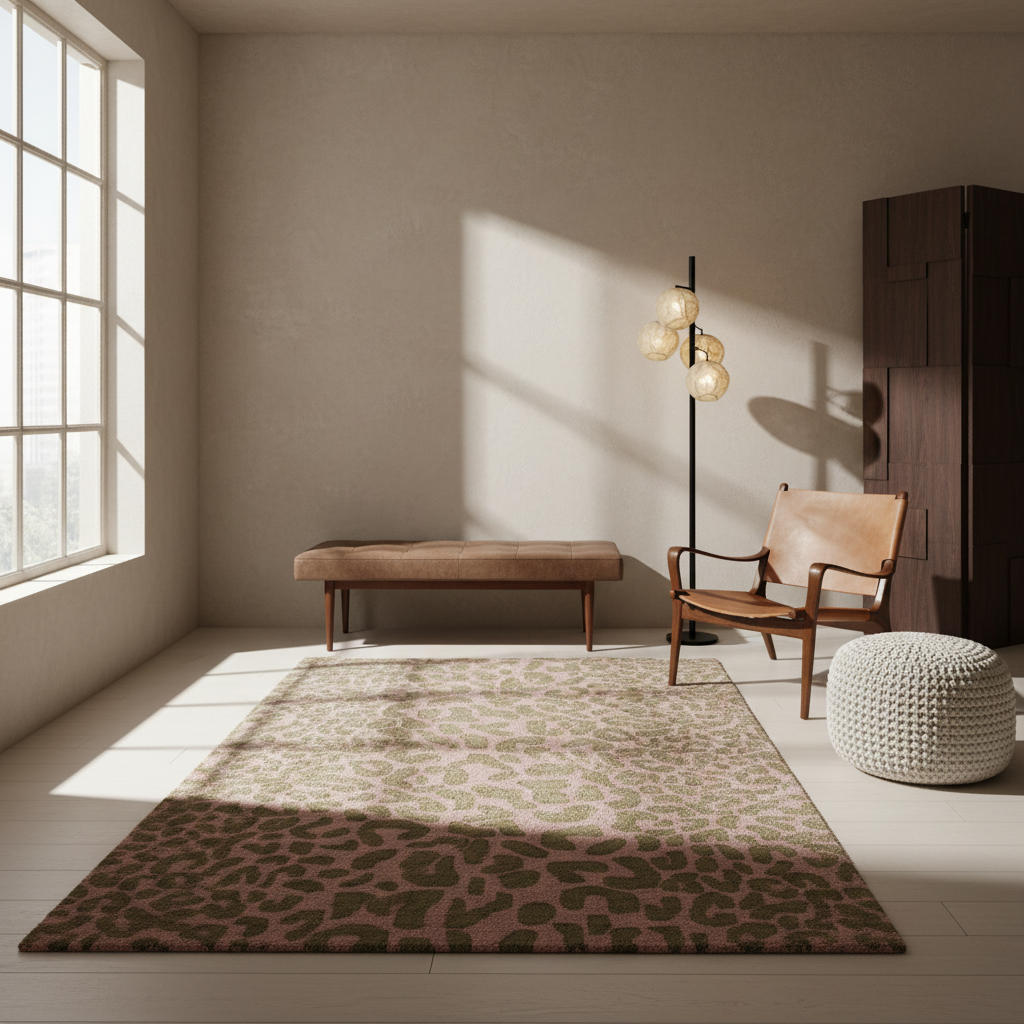 A large rectangular area rug with a leopard-like organic pattern in muted pink, olive green, and tan, styled in a modern minimalist living room with a leather chair, wooden bench, floor lamp, and a white pouf.