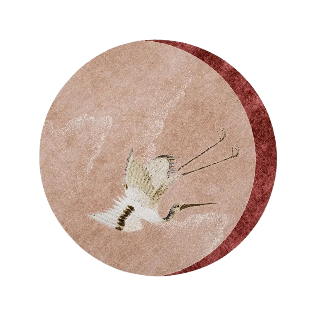 Pink Flying Japanese Cranes Hand Tufted Rug