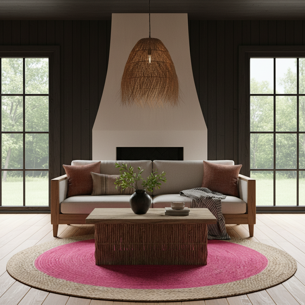 A styled living room interior featuring a light wood sofa with neutral and rust-colored cushions, a woven rattan coffee table, a round pink and beige rug, dark wood paneled walls, and a large woven pendant light hanging above a fireplace.