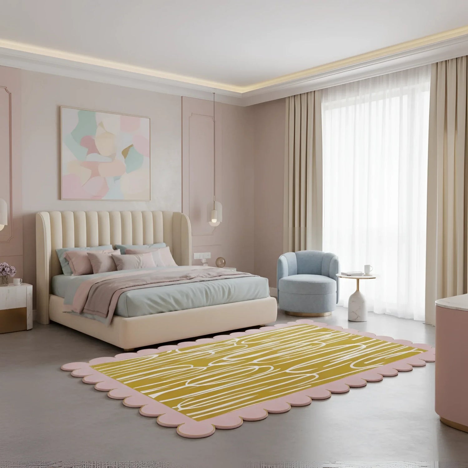 Pink Scalloped Contemporary Art Hand Tufted Rug